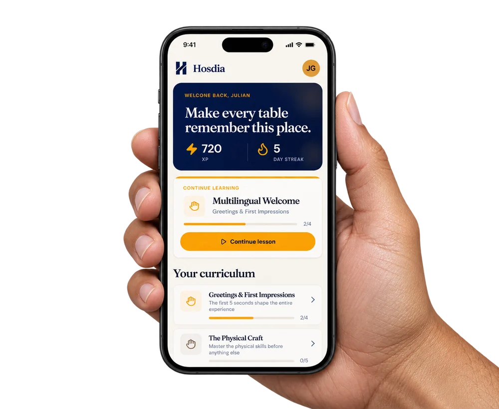 A phone in hand showing the Hosdia staff app: XP, a daily streak and a course curriculum.